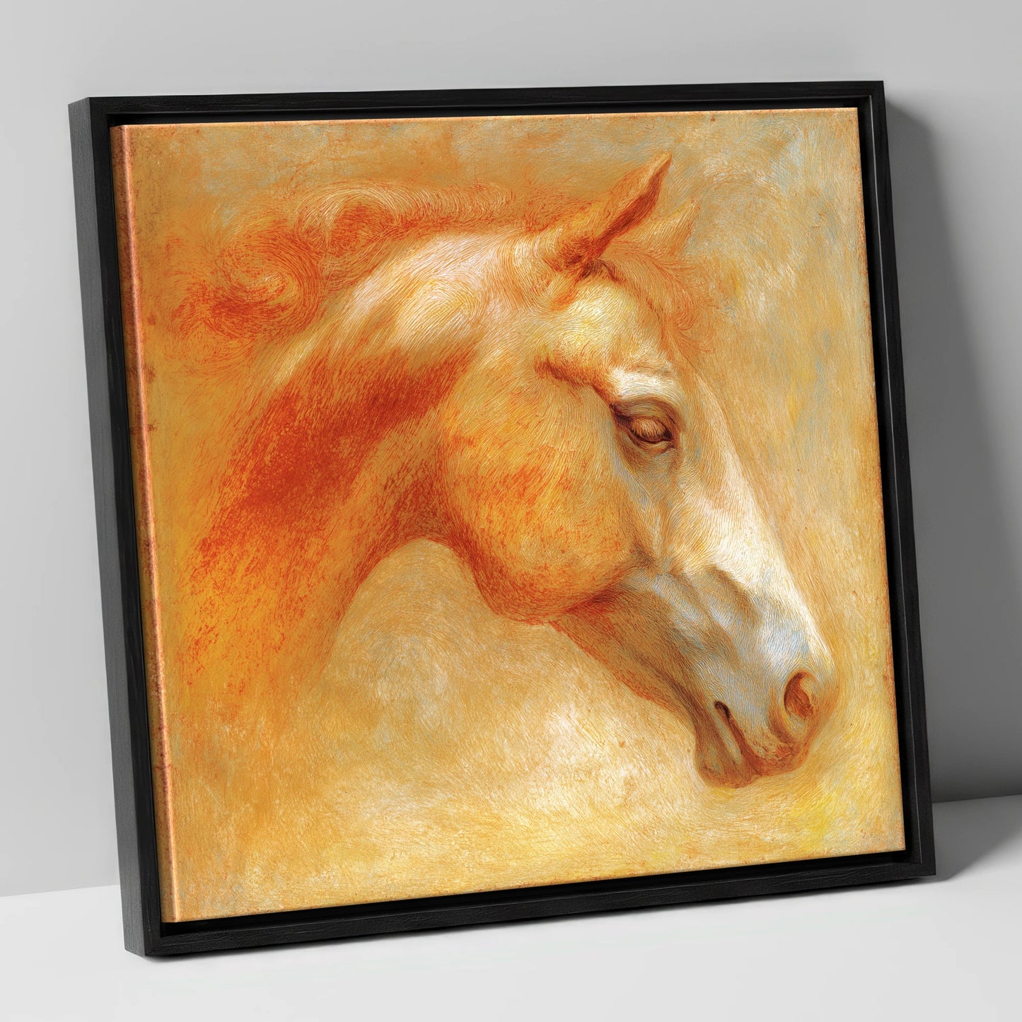 Ethereal Golden Profile racing horse canvas wall art in black frame