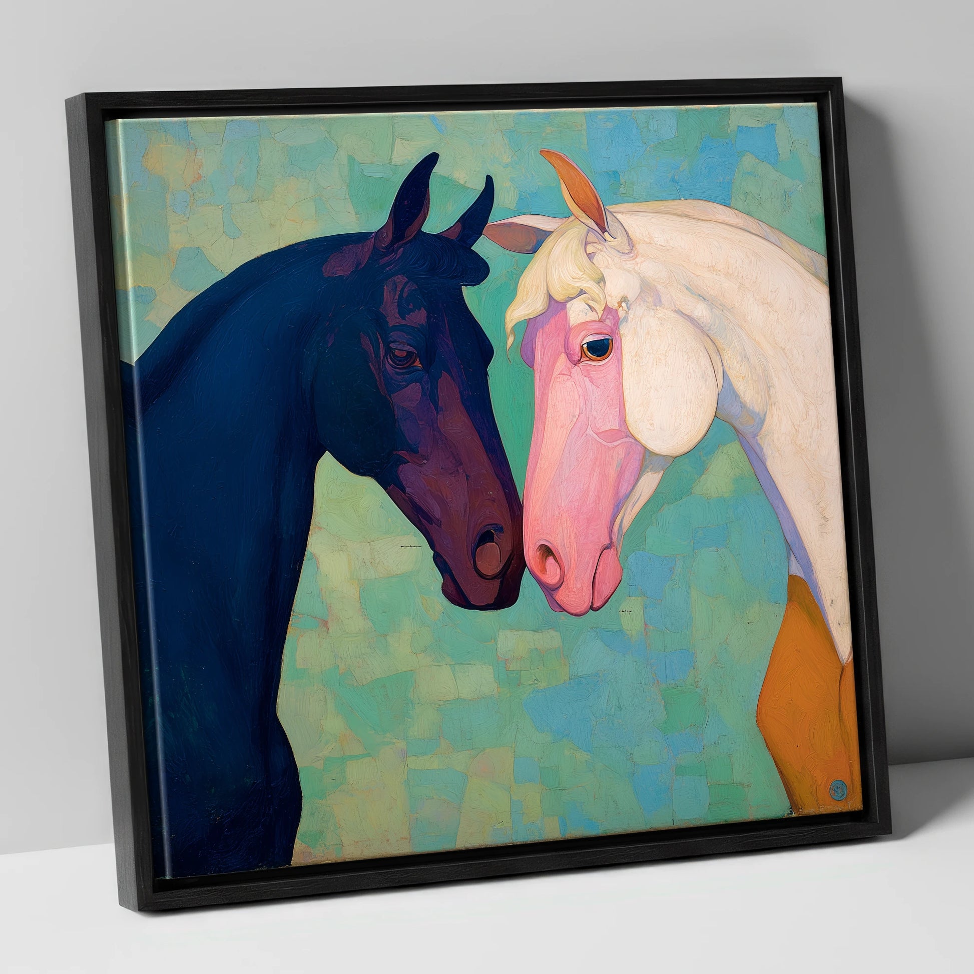 Sapphire and Rose horse portrait canvas wall art in black frame