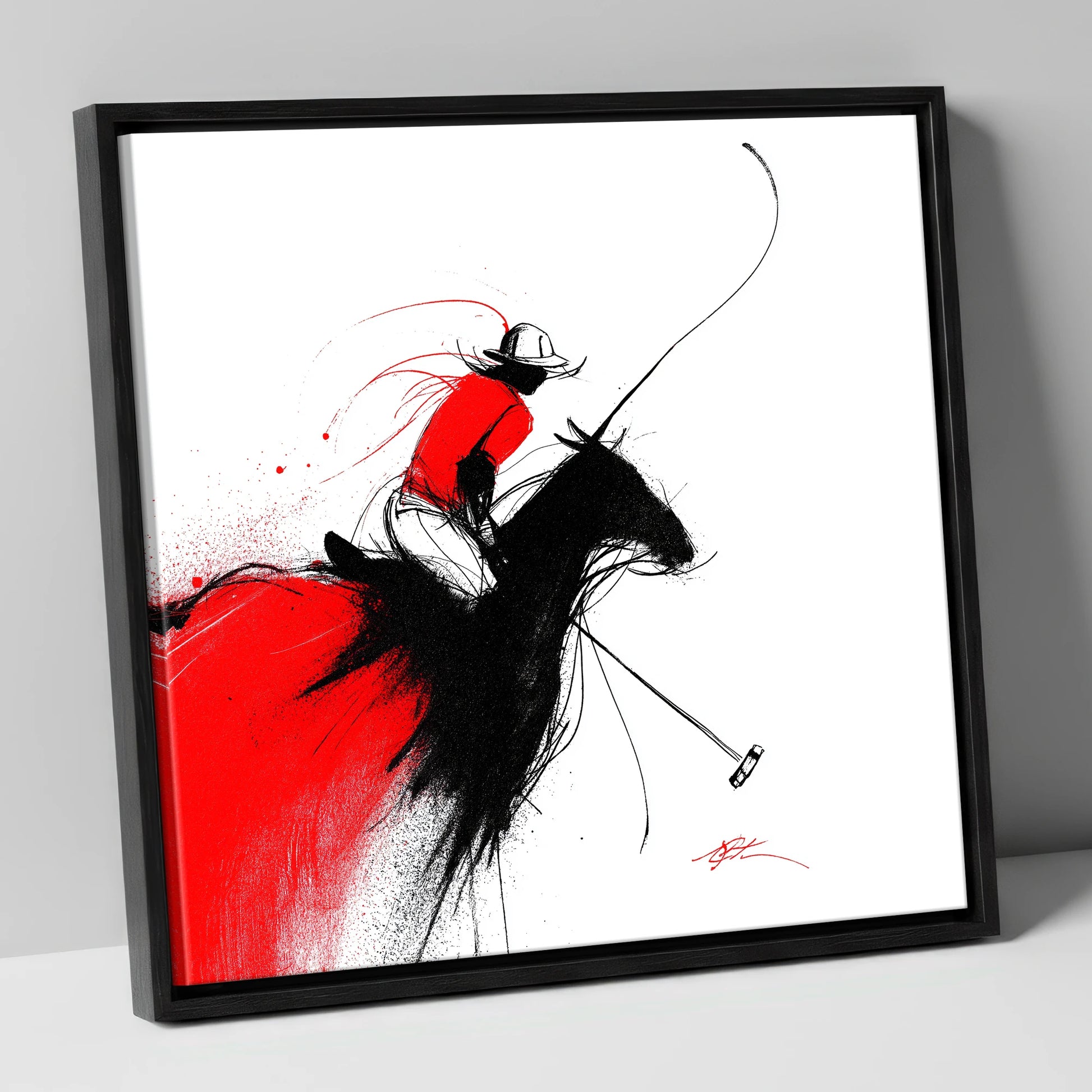 Crimson Polo Strike polo horse canvas wall art in black frame