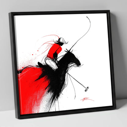 Crimson Polo Strike polo horse canvas wall art in black frame