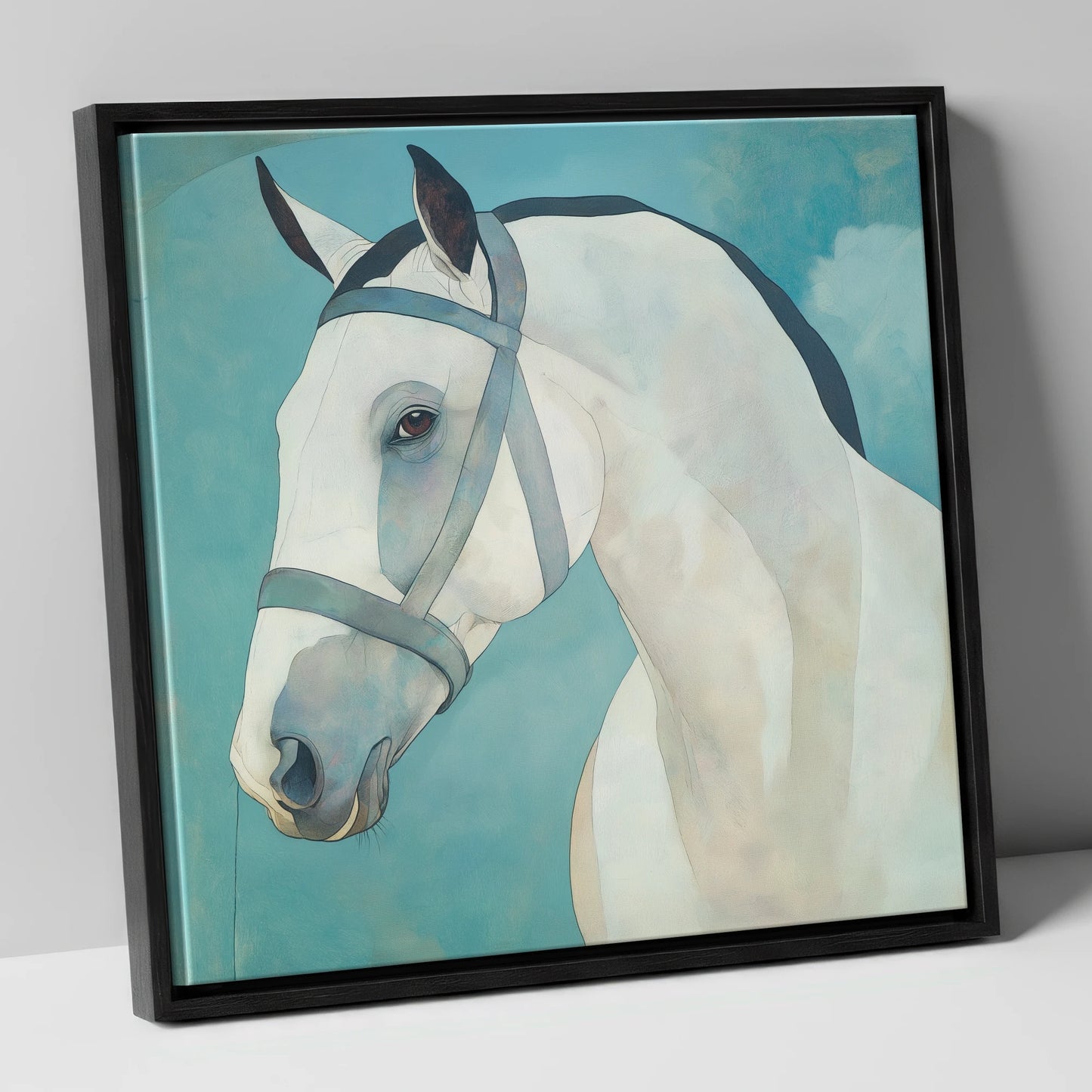 Serene Focus in Teal horse portrait canvas wall art in black frame