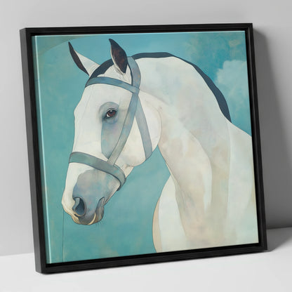 Serene Focus in Teal horse portrait canvas wall art in black frame