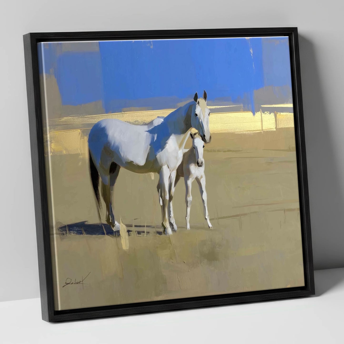 Midsummer Greys mare & foal canvas wall art in black frame