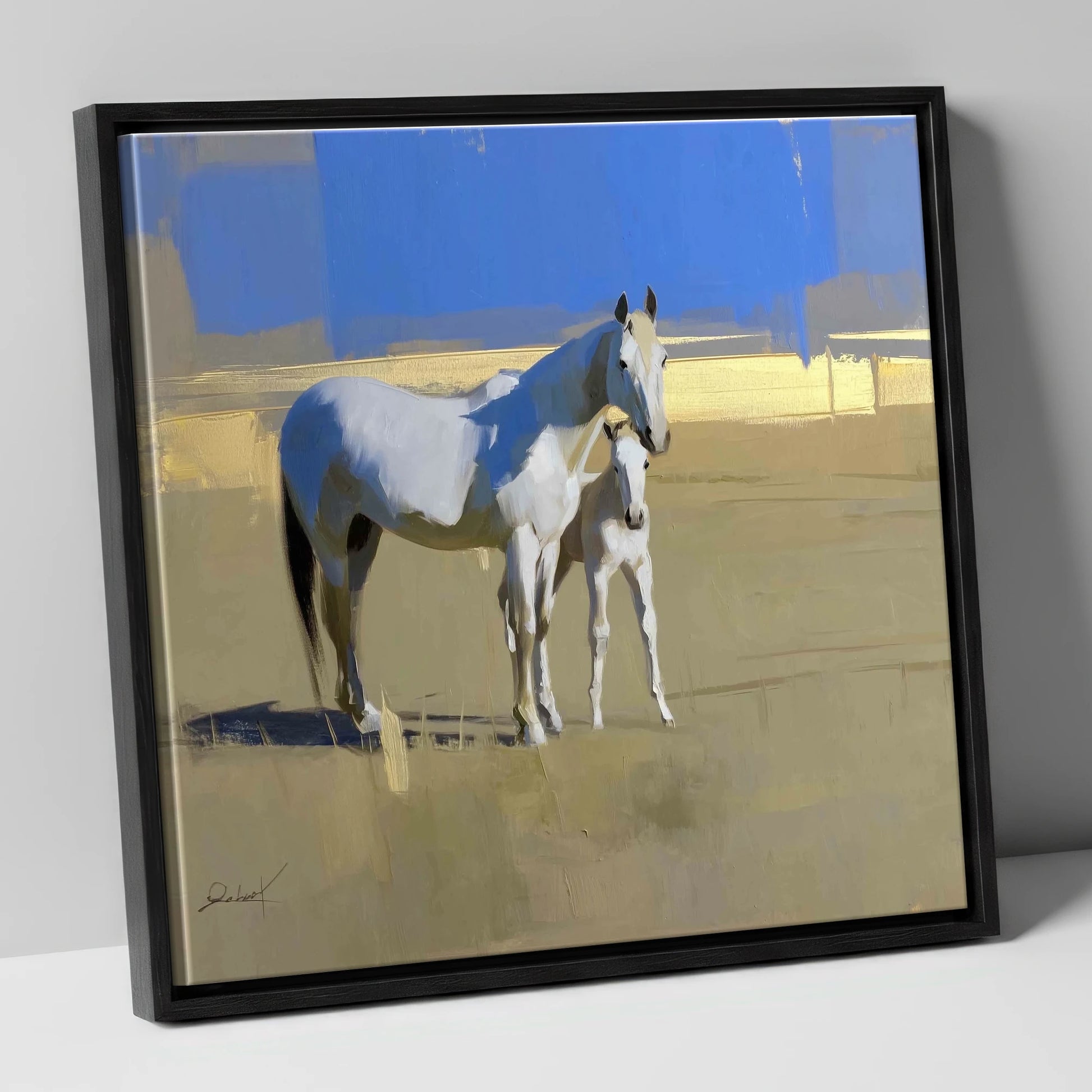Midsummer Greys mare & foal canvas wall art in black frame