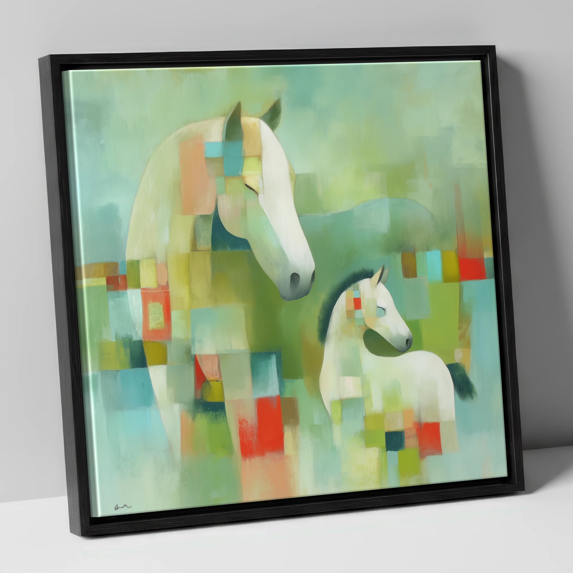 Structured Serenity mare & foal canvas wall art in black frame