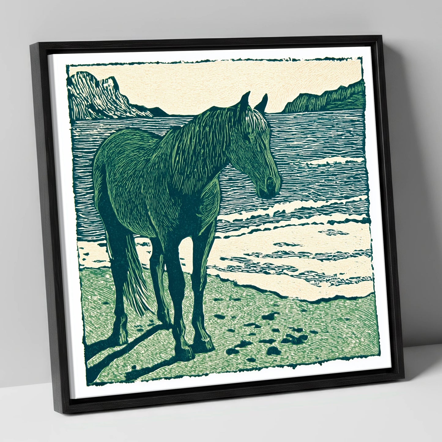 Shoreline Solitude horse landscape canvas wall art in black frame
