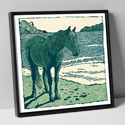 Shoreline Solitude horse landscape canvas wall art in black frame