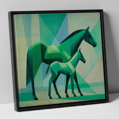 Facets in Emerald mare & foal canvas wall art in black frame
