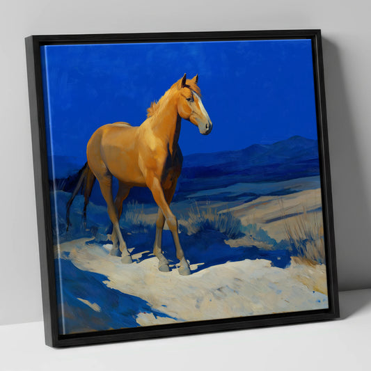 Sunlit Chestnut Stride horse landscape canvas wall art in black frame