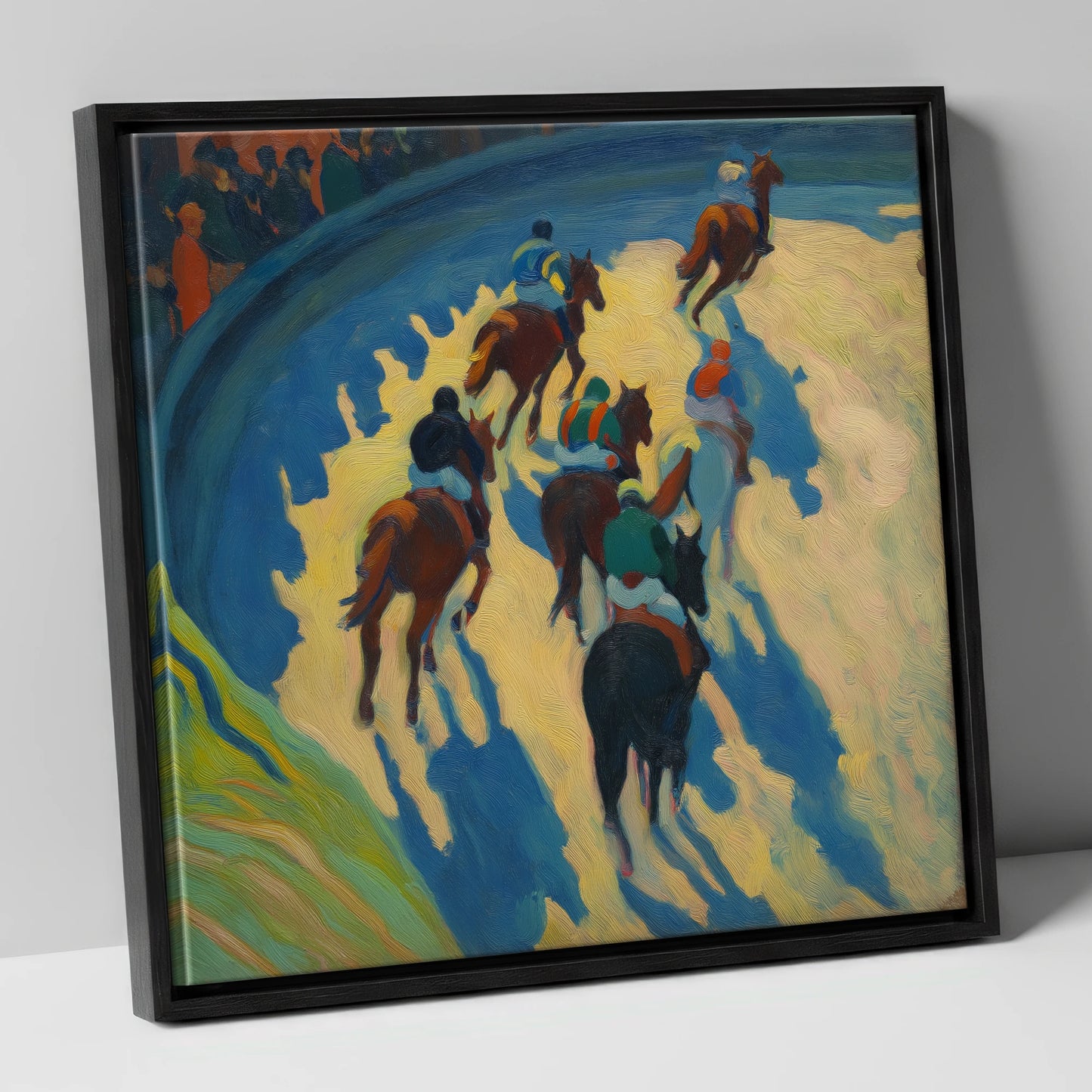 Shadows on the Bend racing horse canvas wall art in black frame