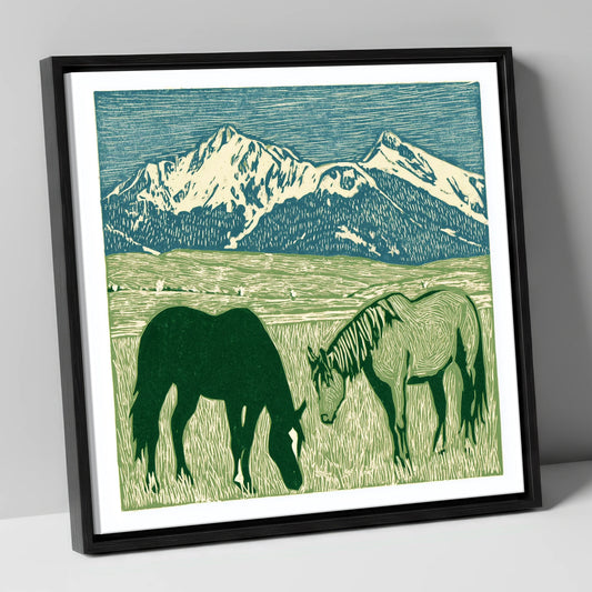 Alpine Grazing horse landscape canvas wall art in black frame