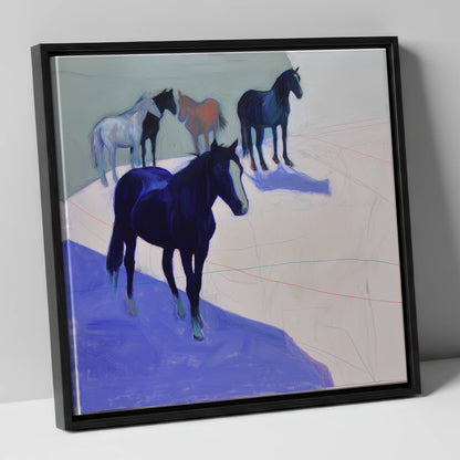 Abstract Herd in Blue wild horses canvas wall art in black frame