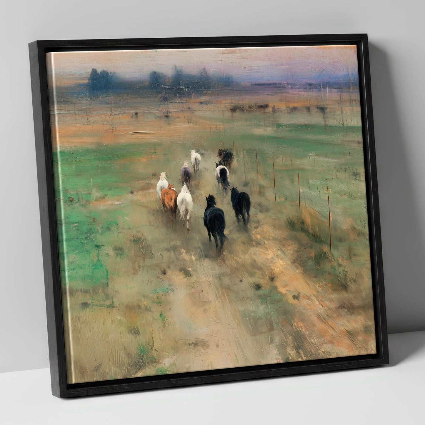 Heading for the Horizon wild horses canvas wall art in black frame