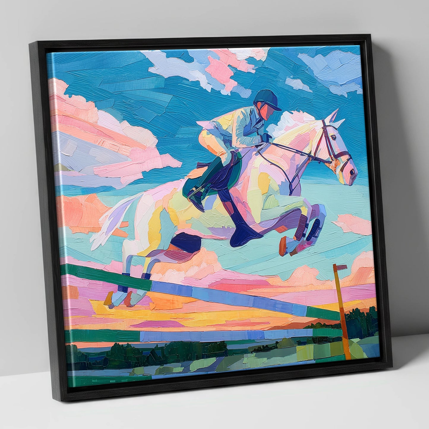 Technicolour Flight show jumping horse canvas wall art in black frame