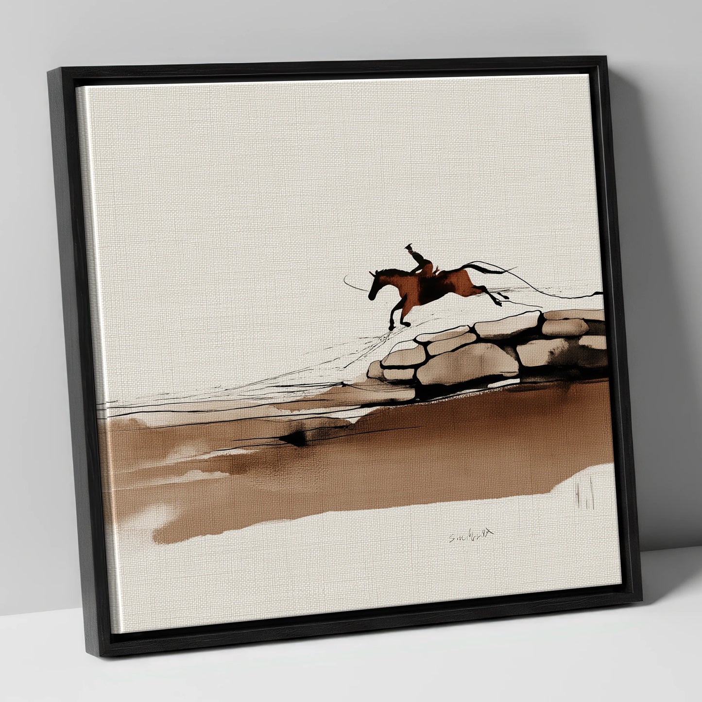 Flight Over Stone show jumping horse canvas wall art in black frame
