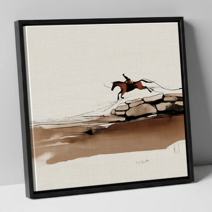 Flight Over Stone show jumping horse canvas wall art in black frame