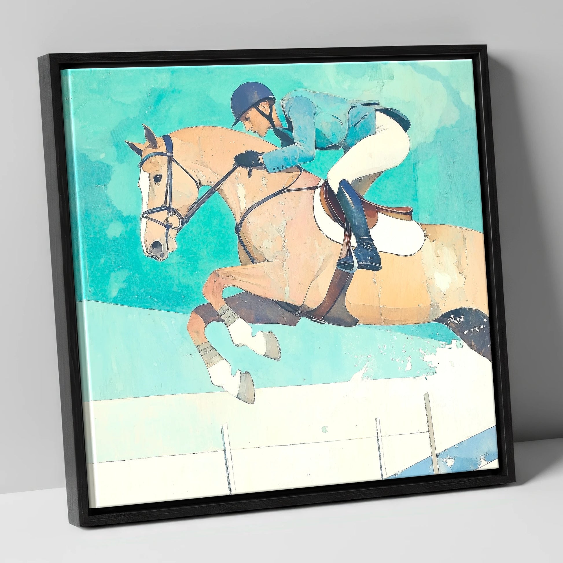 Aquamarine Flight show jumping horse canvas wall art in black frame