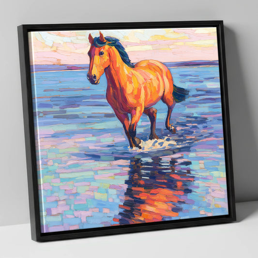 Sunset Shallows Stride beach horse canvas wall art in black frame