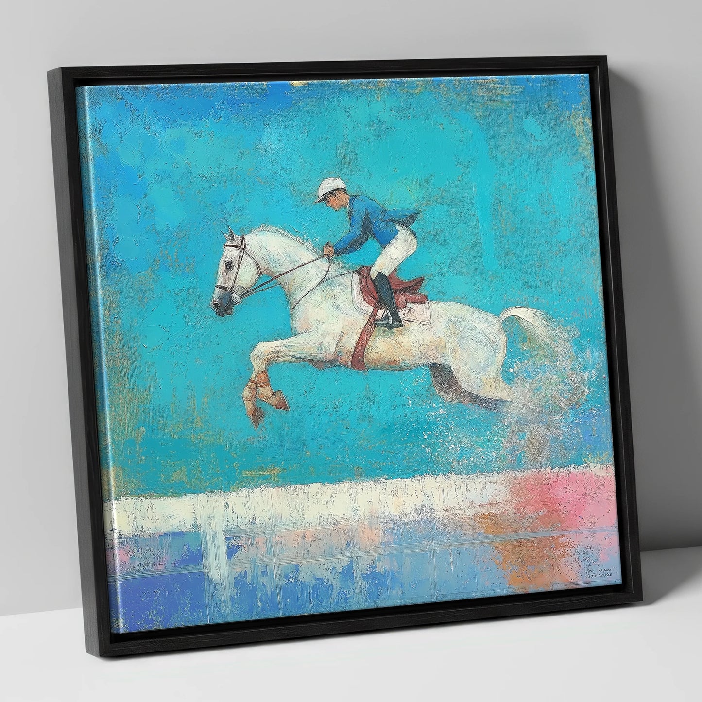 Flight in Turquoise show jumping horse canvas wall art in black frame