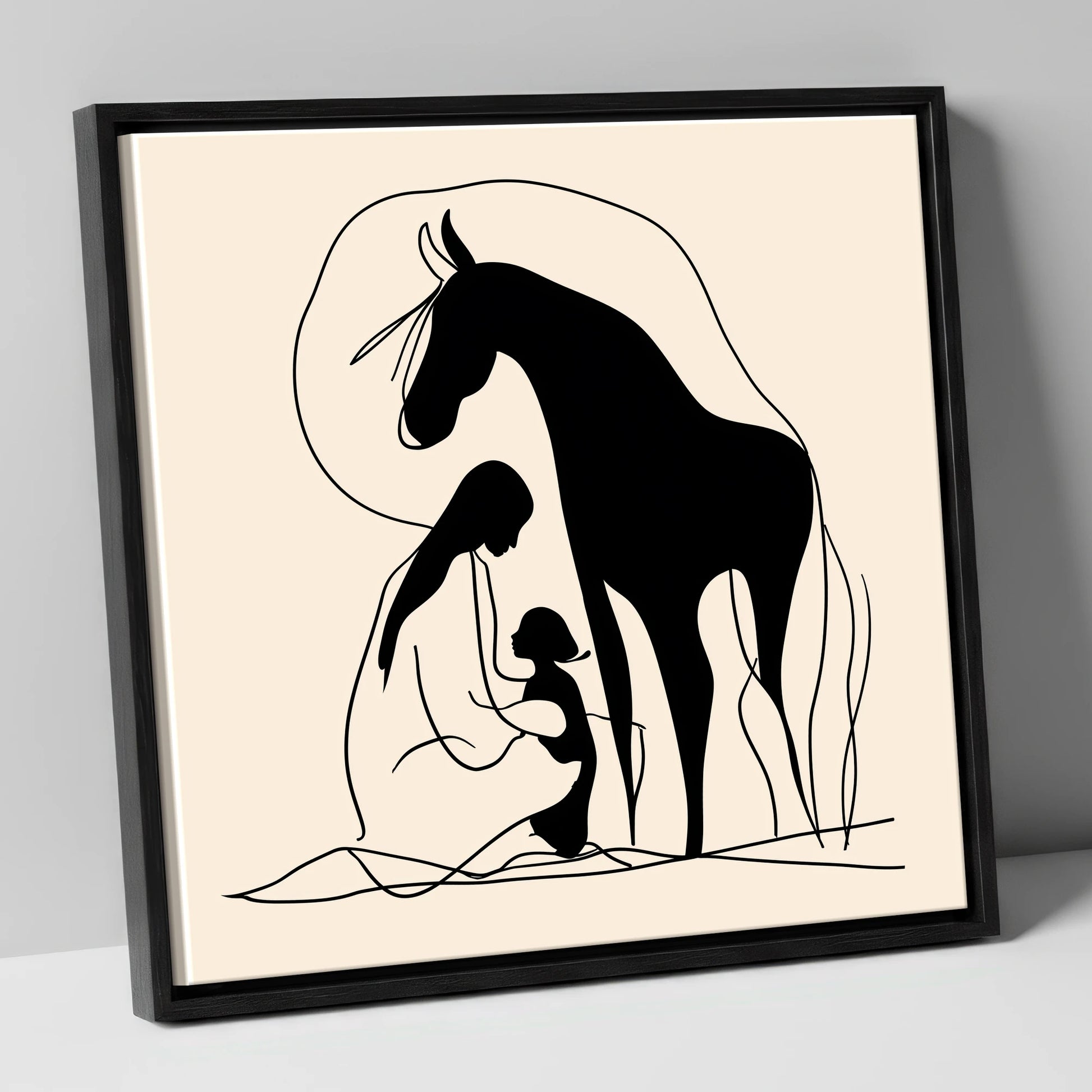 The Gentle Guardian horse & rider canvas wall art in black frame