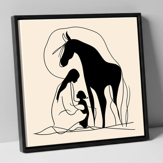 Minimalist Horse And Family Silhouette horse & rider canvas wall art in black frame