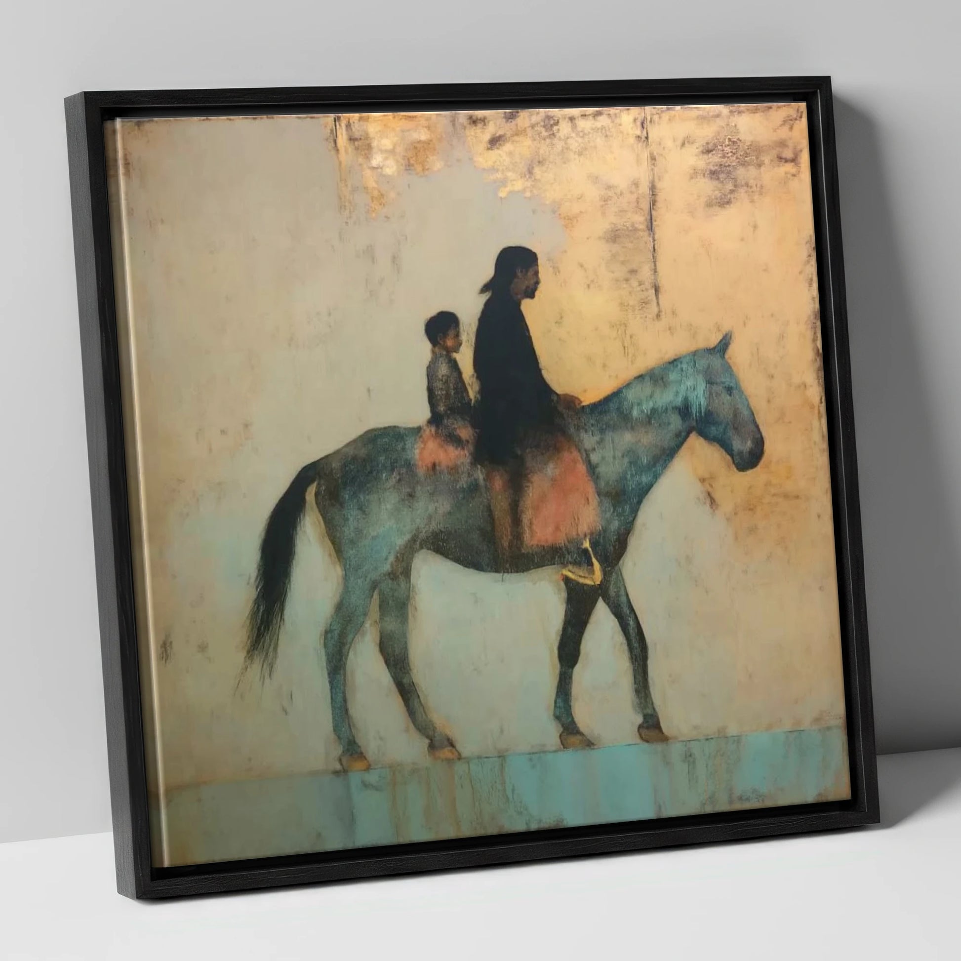 Timeless Golden Journey horse & rider canvas wall art in black frame