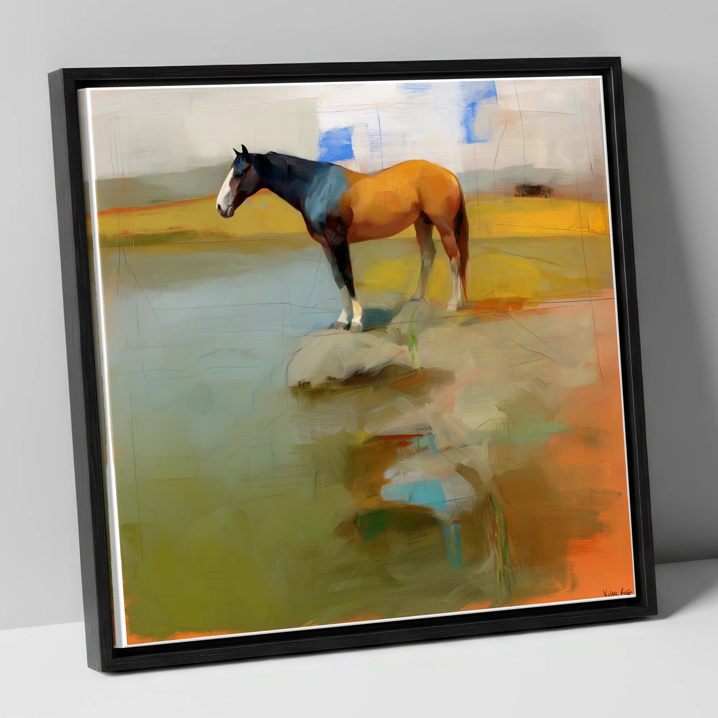 Vibrant Shoreline Reflection horse landscape canvas wall art in black frame