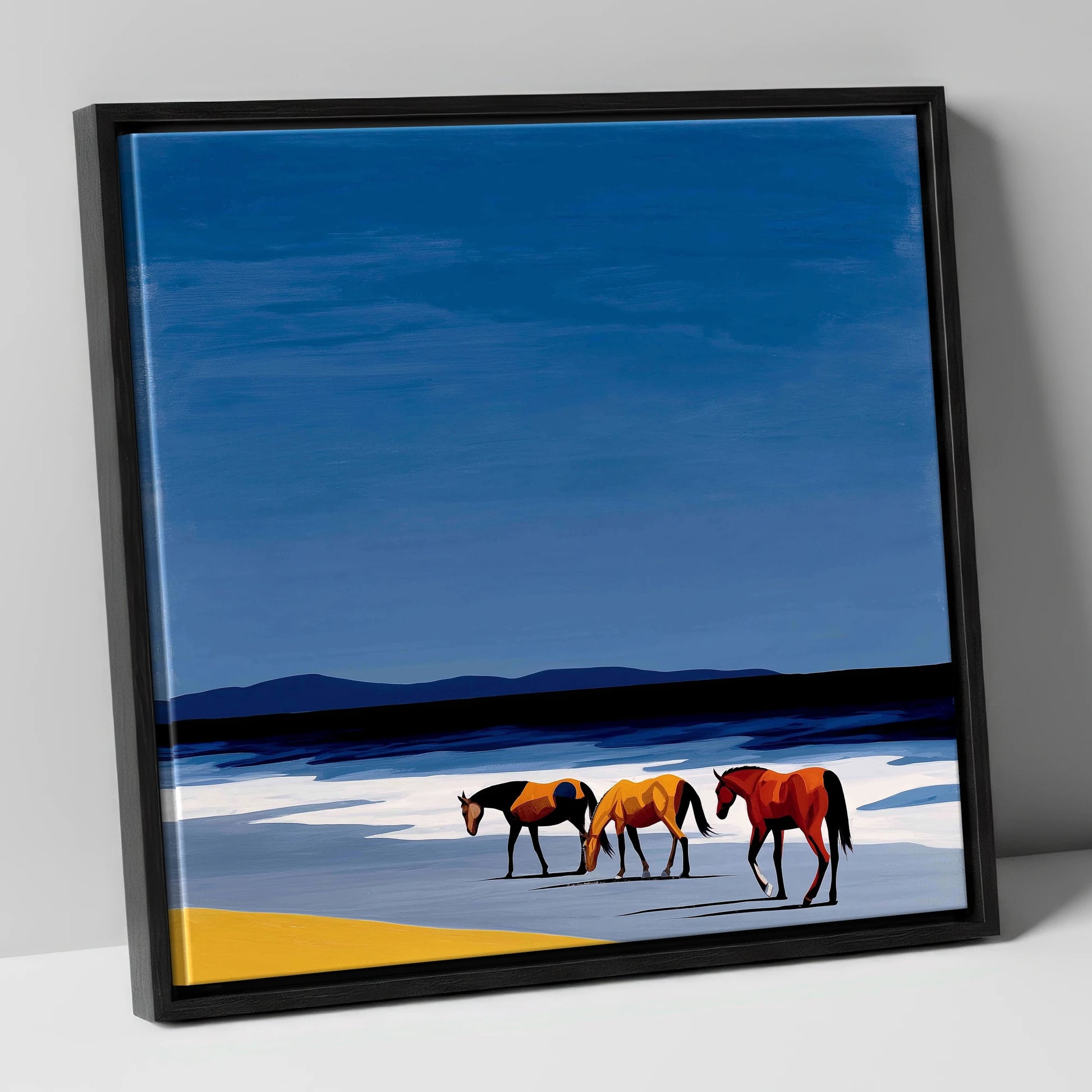 Azure Shoreline Trio horse landscape canvas wall art in black frame