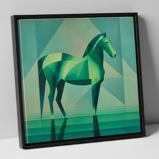 Emerald Geometric Equine horse portrait canvas wall art in black frame