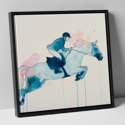 Cerulean Flight show jumping horse canvas wall art in black frame