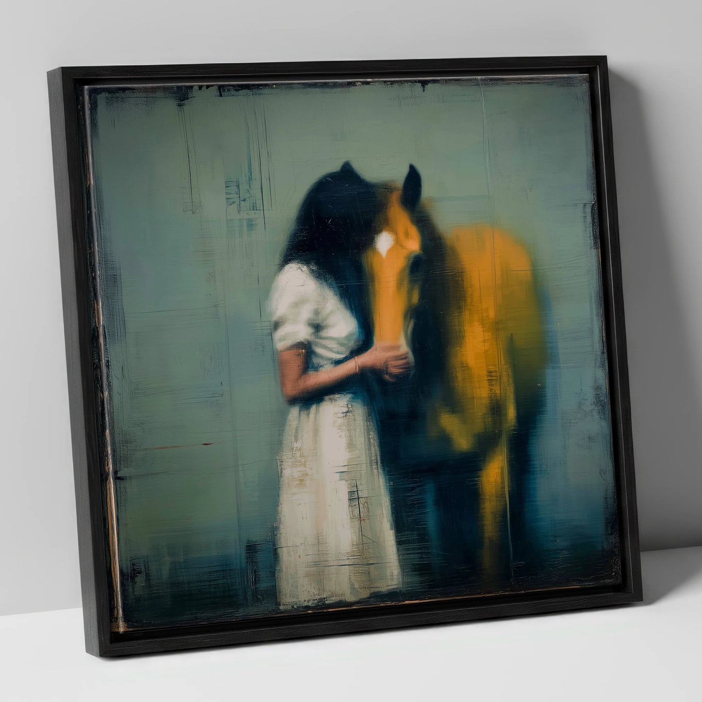 Silent Devotion horse & rider canvas wall art in black frame