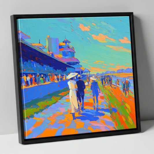 Vibrant Race Day Promenade racing horse canvas wall art in black frame
