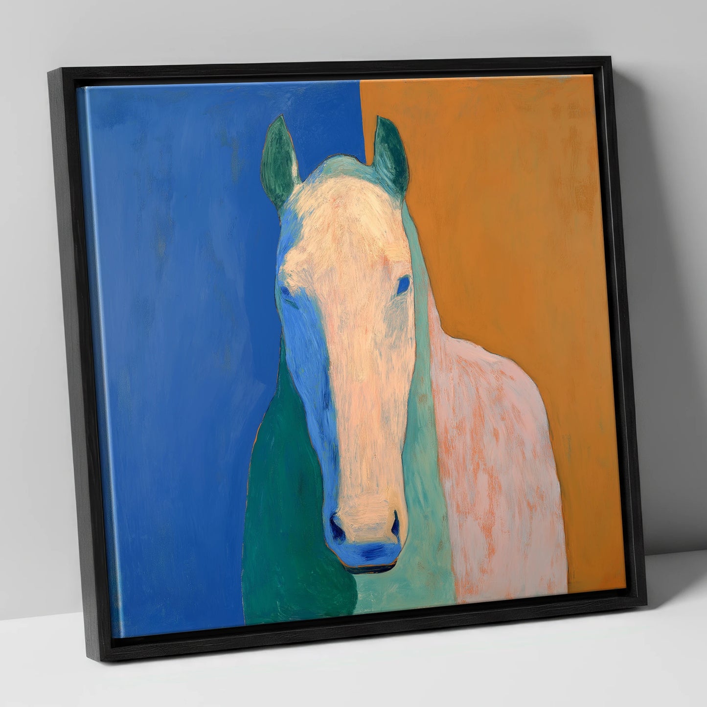 Cobalt And Clay Equine horse portrait canvas wall art in black frame