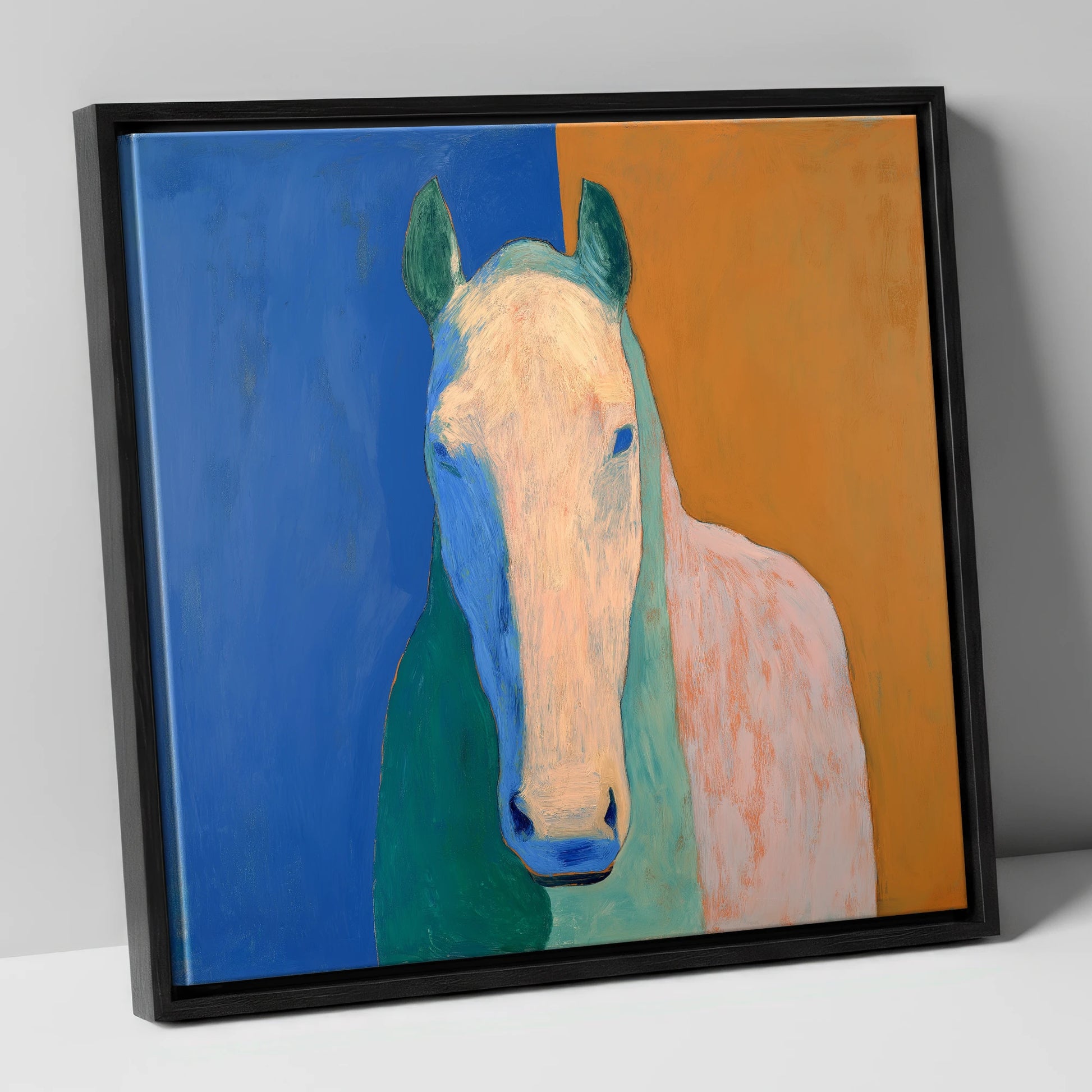 Cobalt And Clay Equine horse portrait canvas wall art in black frame