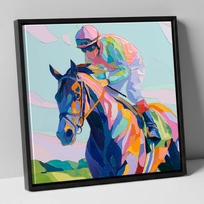 Technicolour Sprint racing horse canvas wall art in black frame