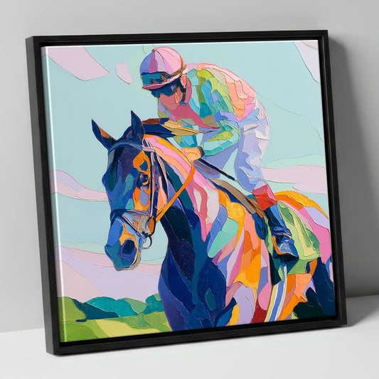 Technicolour Sprint racing horse canvas wall art in black frame