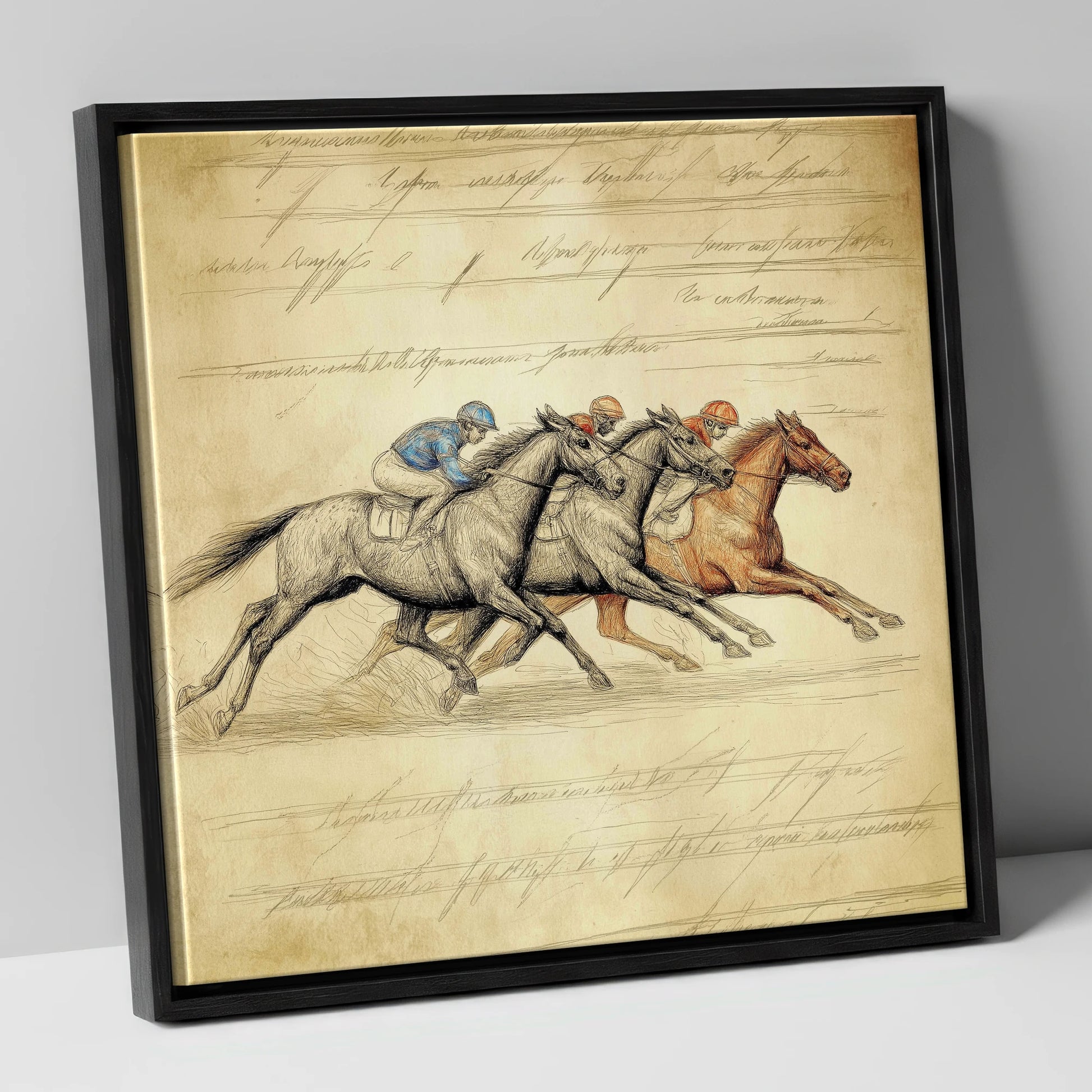 Vintage Thoroughbred Racing Study racing horse canvas wall art in black frame