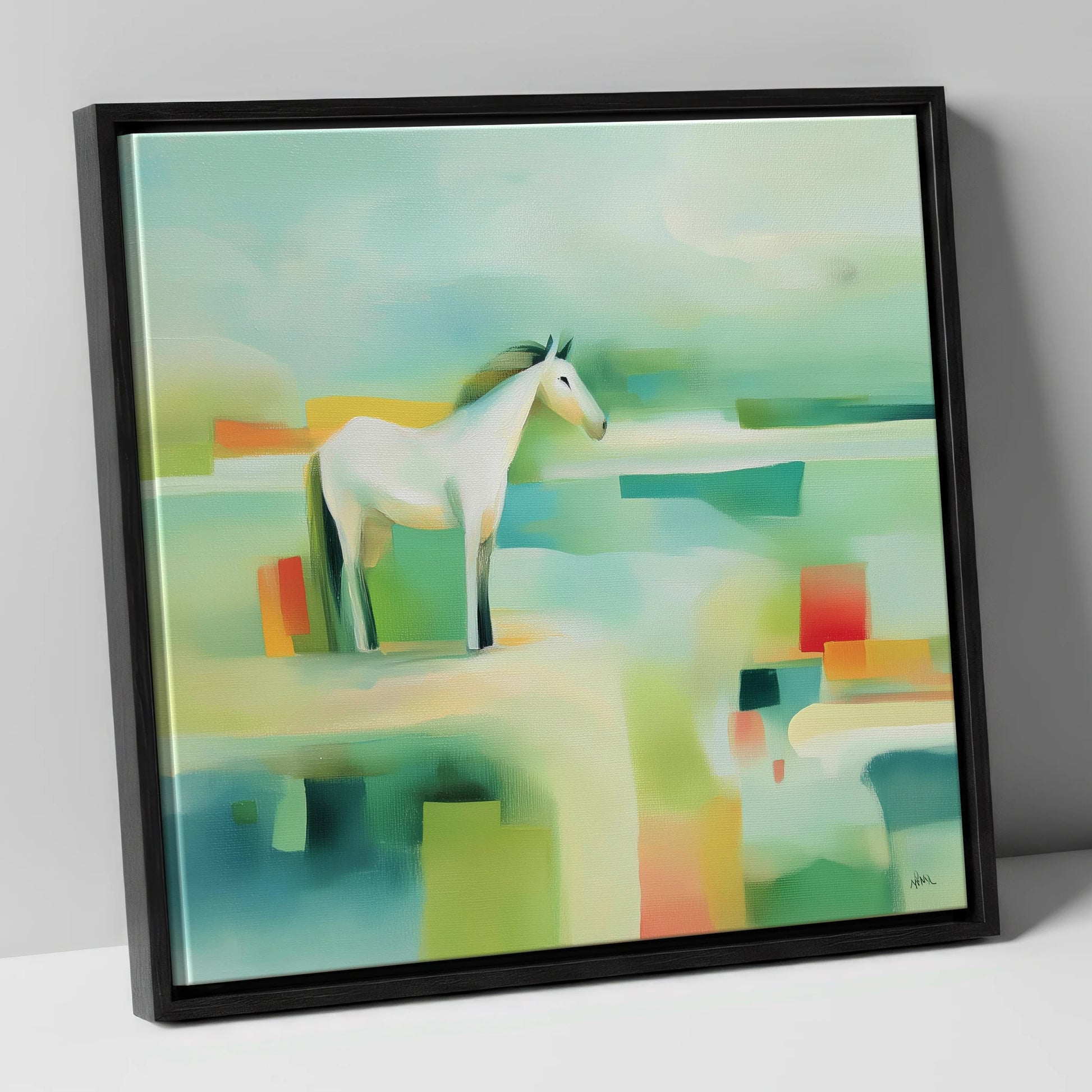 Abstract Grey Harmony horse landscape canvas wall art in black frame