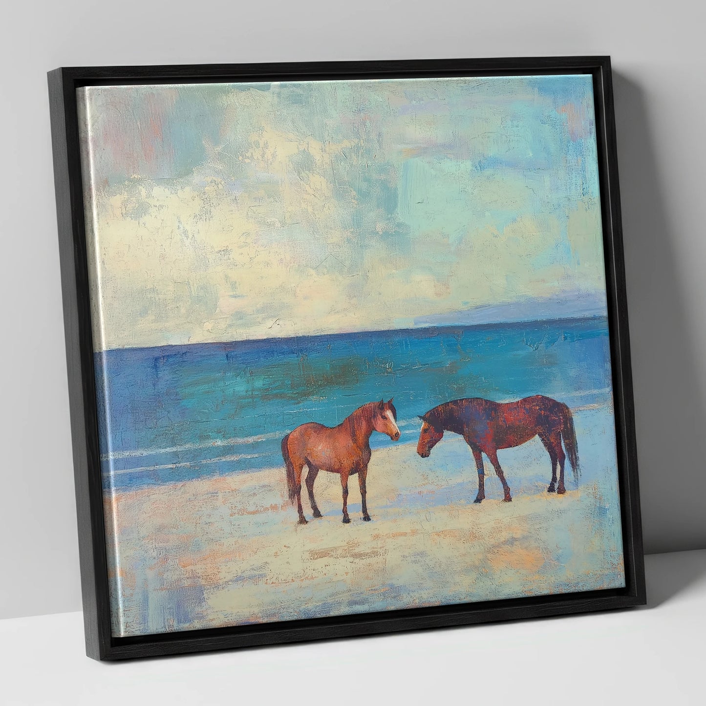 Shoreline Companions horse landscape canvas wall art in black frame