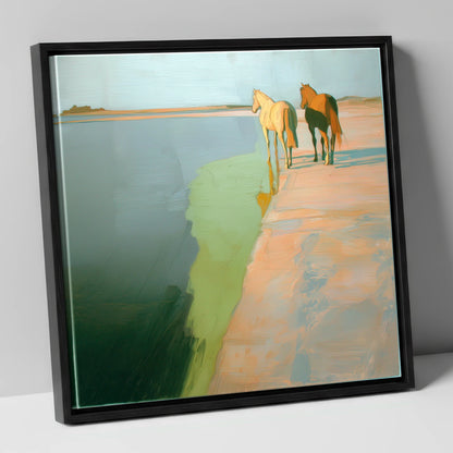 Shoreline Companions horse landscape canvas wall art in black frame