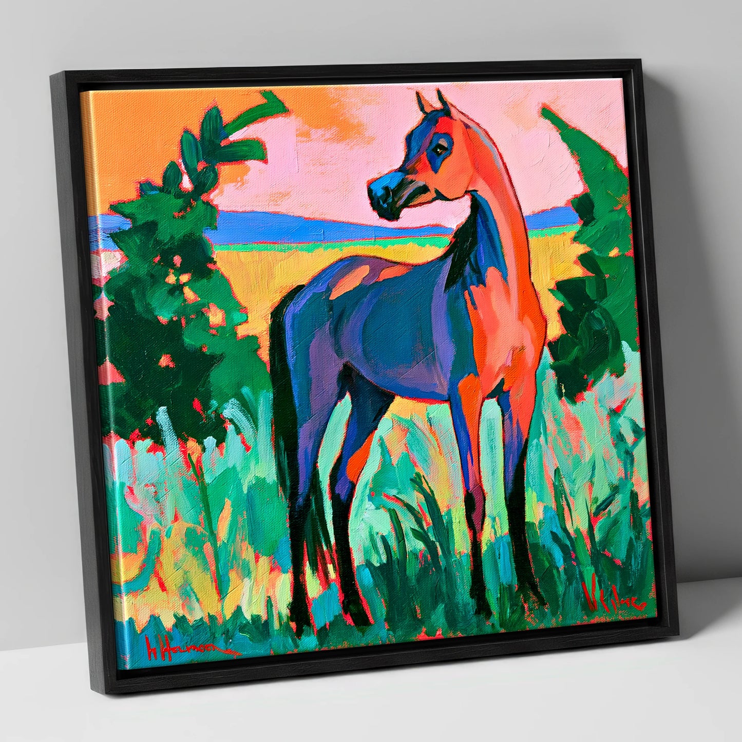 Vibrant Expressionist Arabian Horse horse breed canvas wall art in black frame