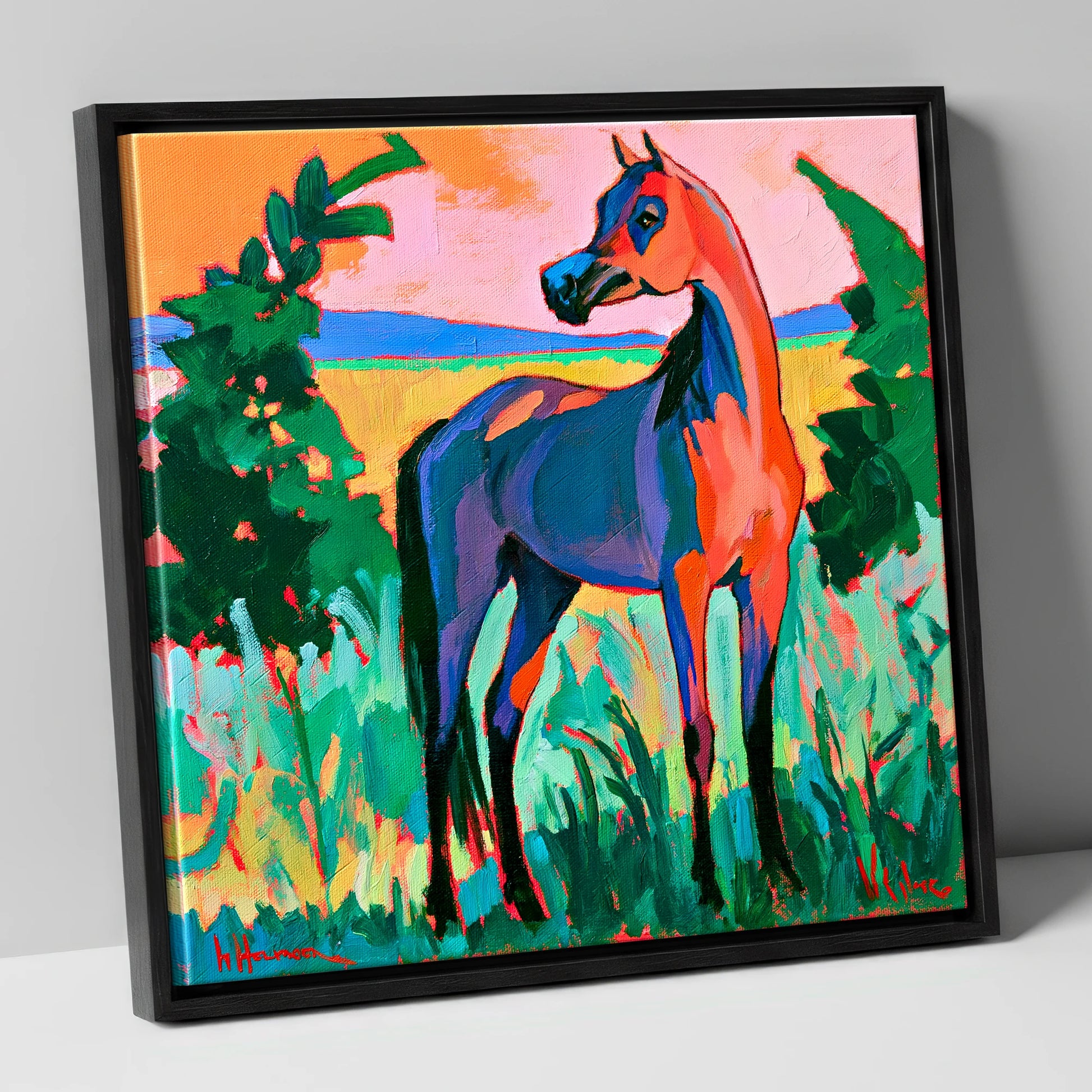 Vibrant Expressionist Arabian Horse horse breed canvas wall art in black frame