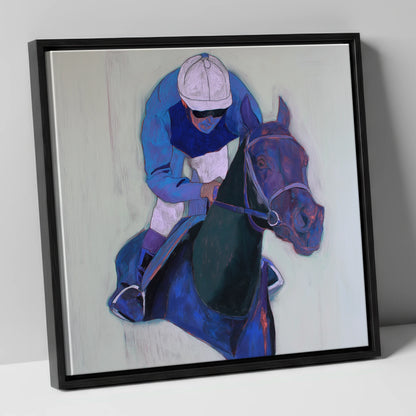Focused in Blue racing horse canvas wall art in black frame
