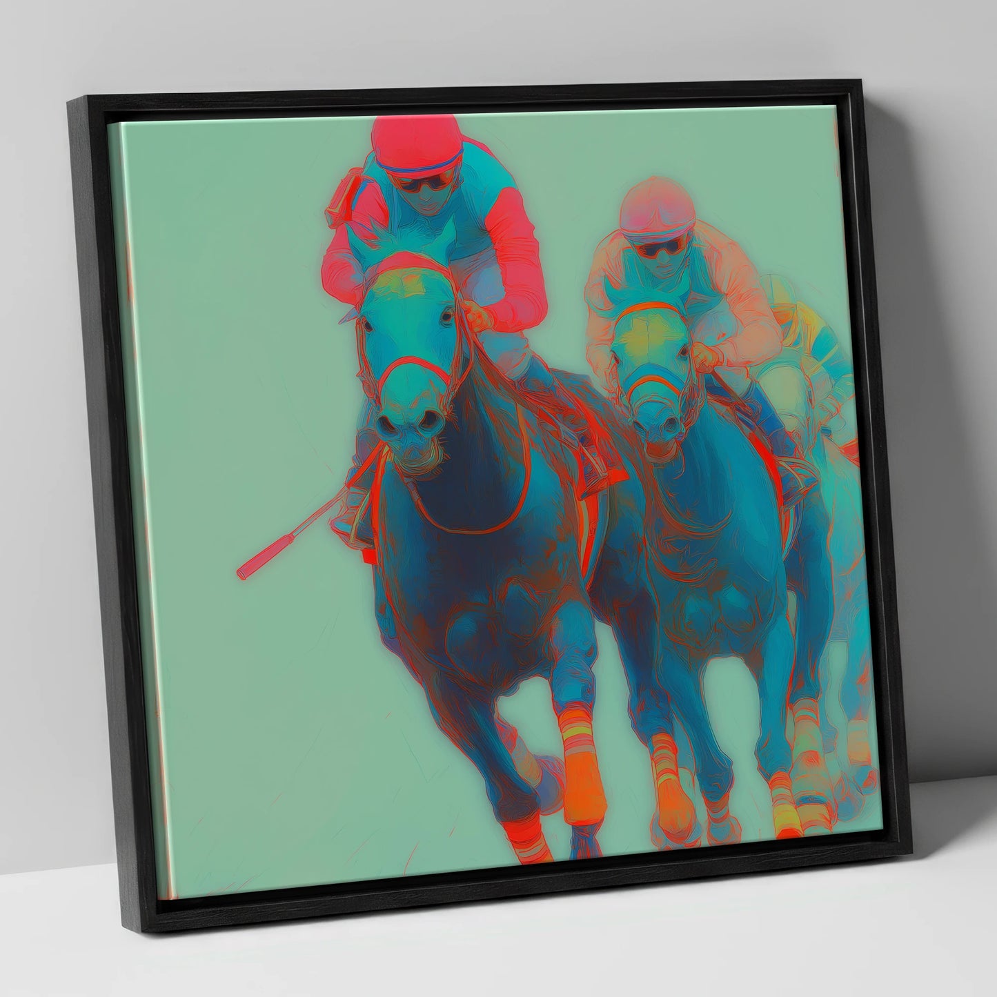 Electric Furlong racing horse canvas wall art in black frame