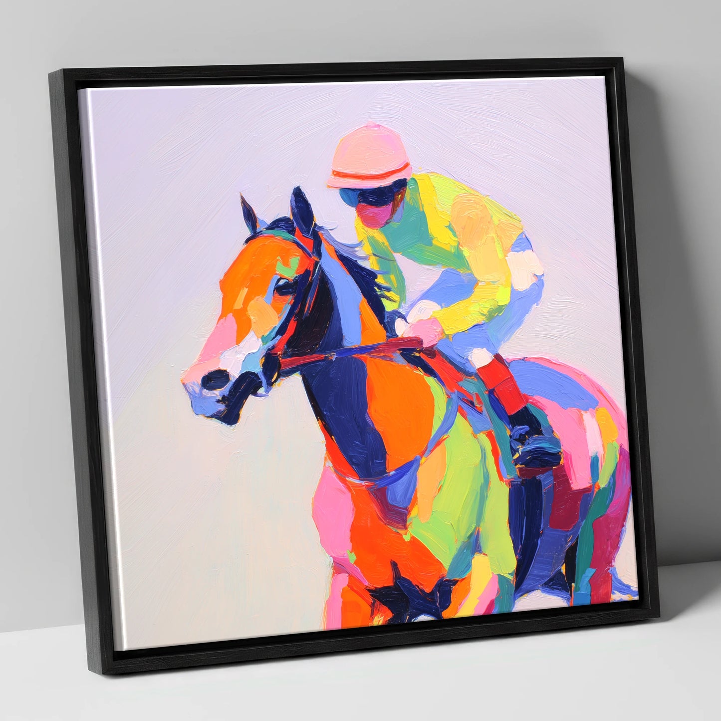 Technicolour Gallop racing horse canvas wall art in black frame
