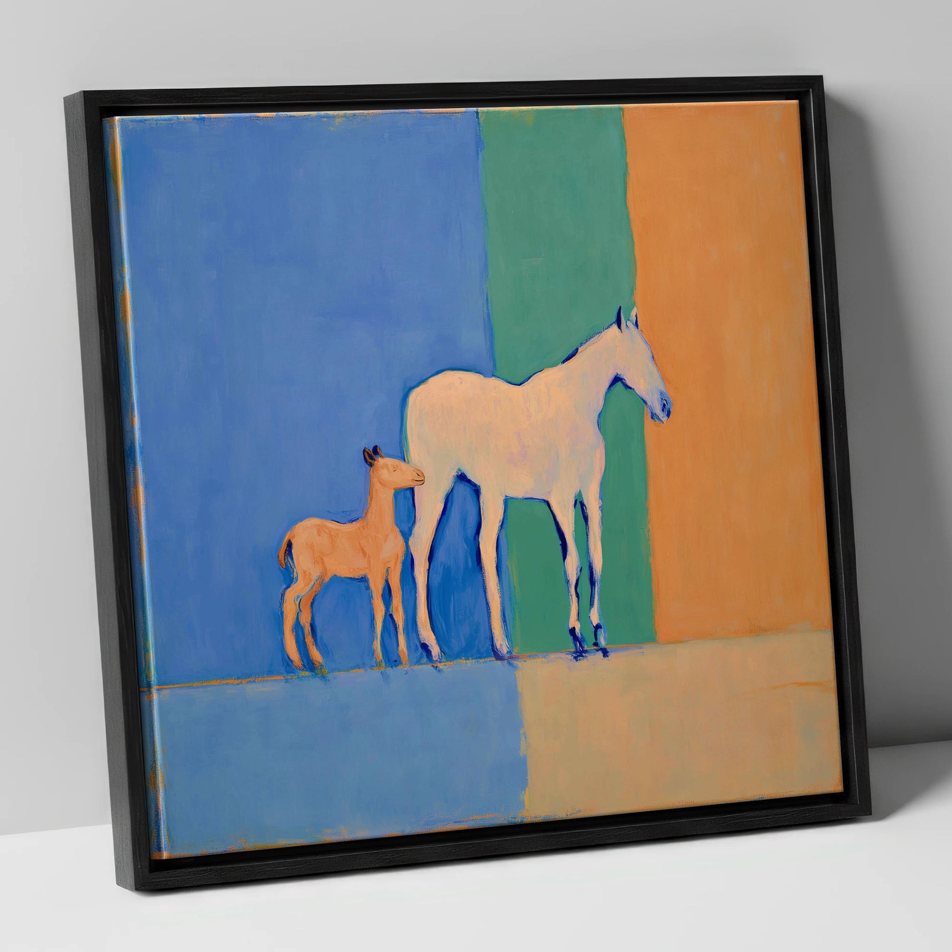 Cobalt and Terracotta Bond mare & foal canvas wall art in black frame