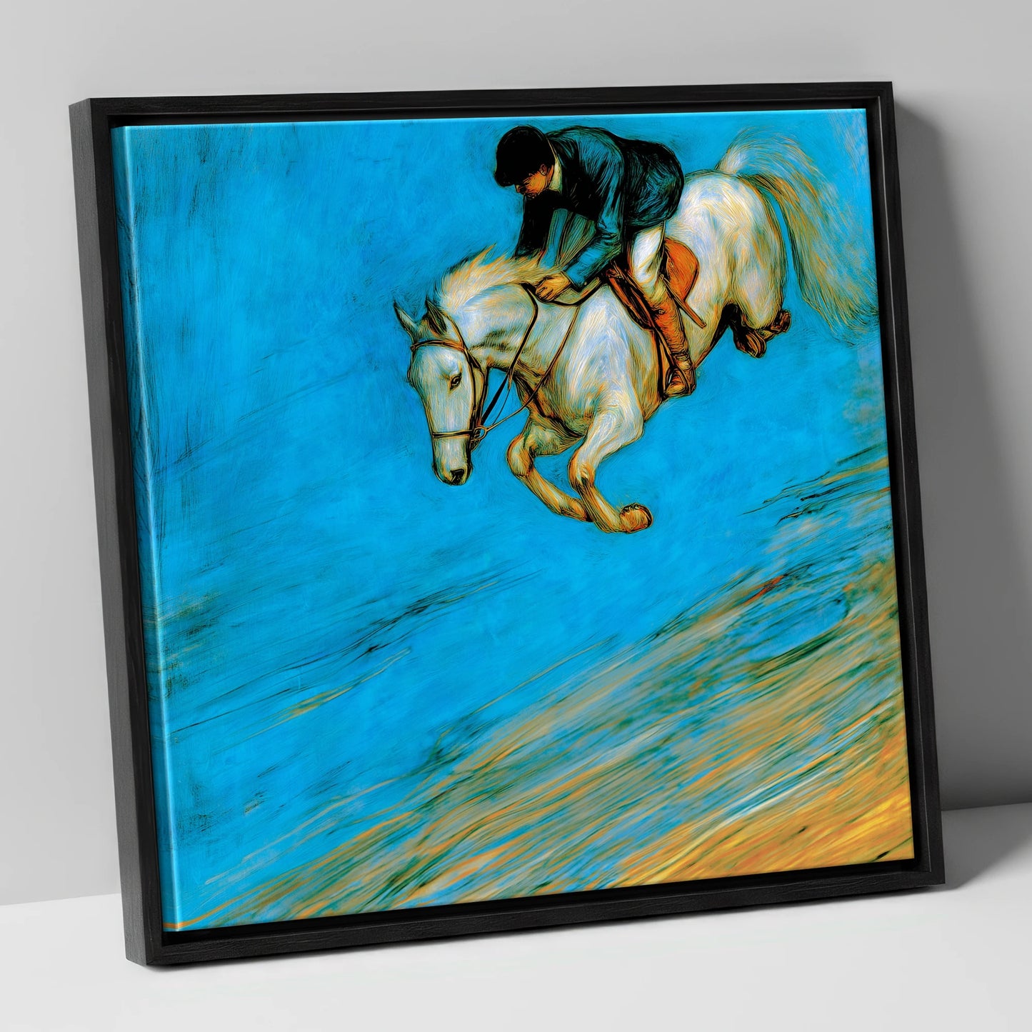 Cerulean Flight show jumping horse canvas wall art in black frame