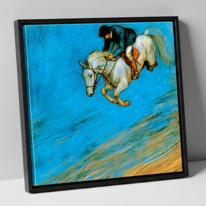 Cerulean Flight show jumping horse canvas wall art in black frame