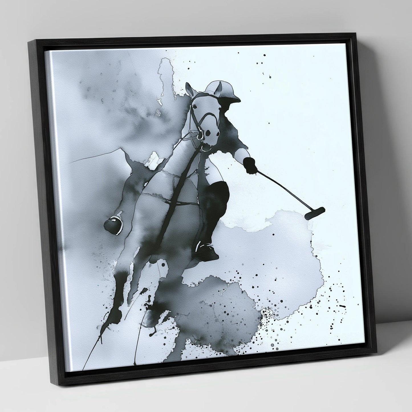 The Striker's Charge polo horse canvas wall art in black frame