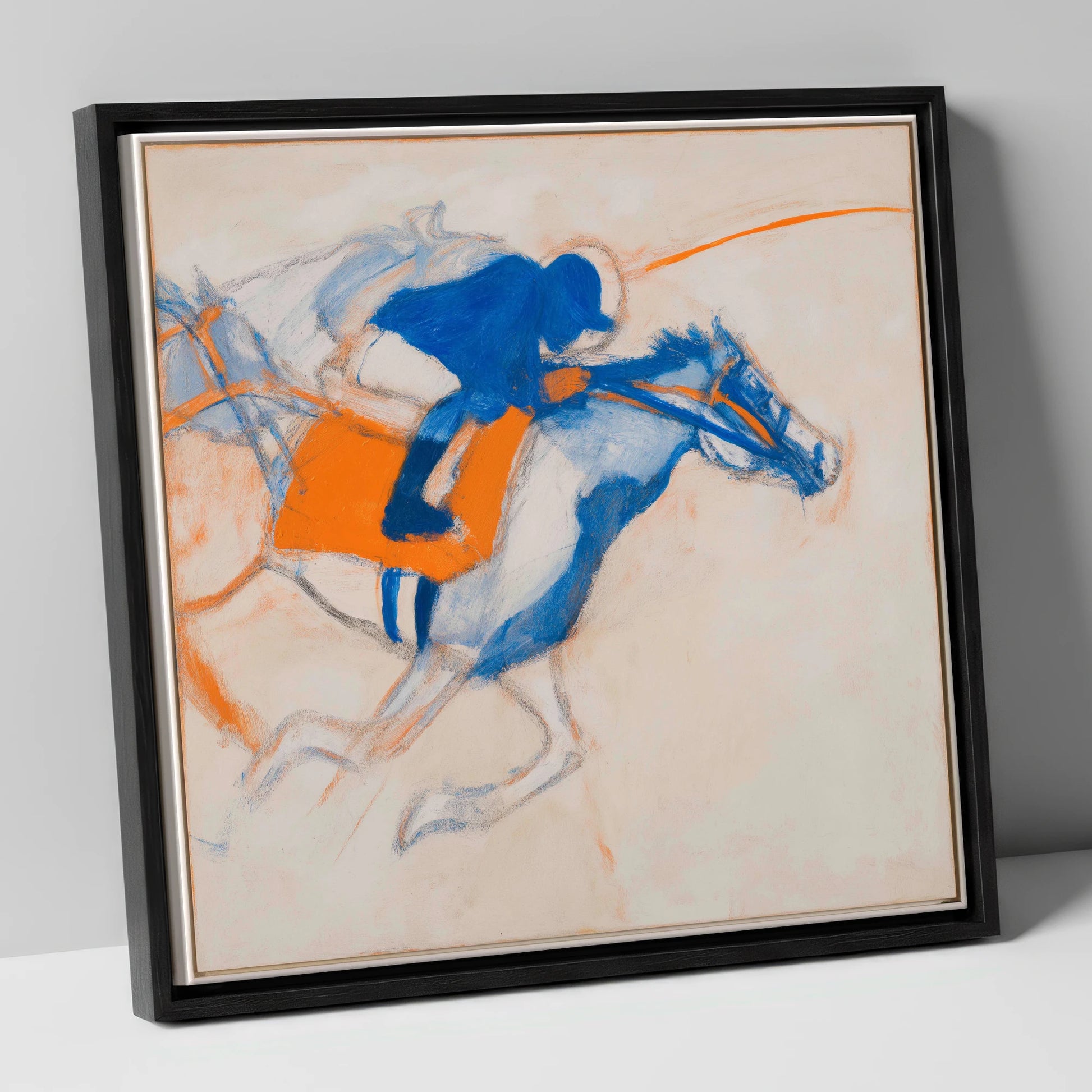 Gallop in Blue racing horse canvas wall art in black frame
